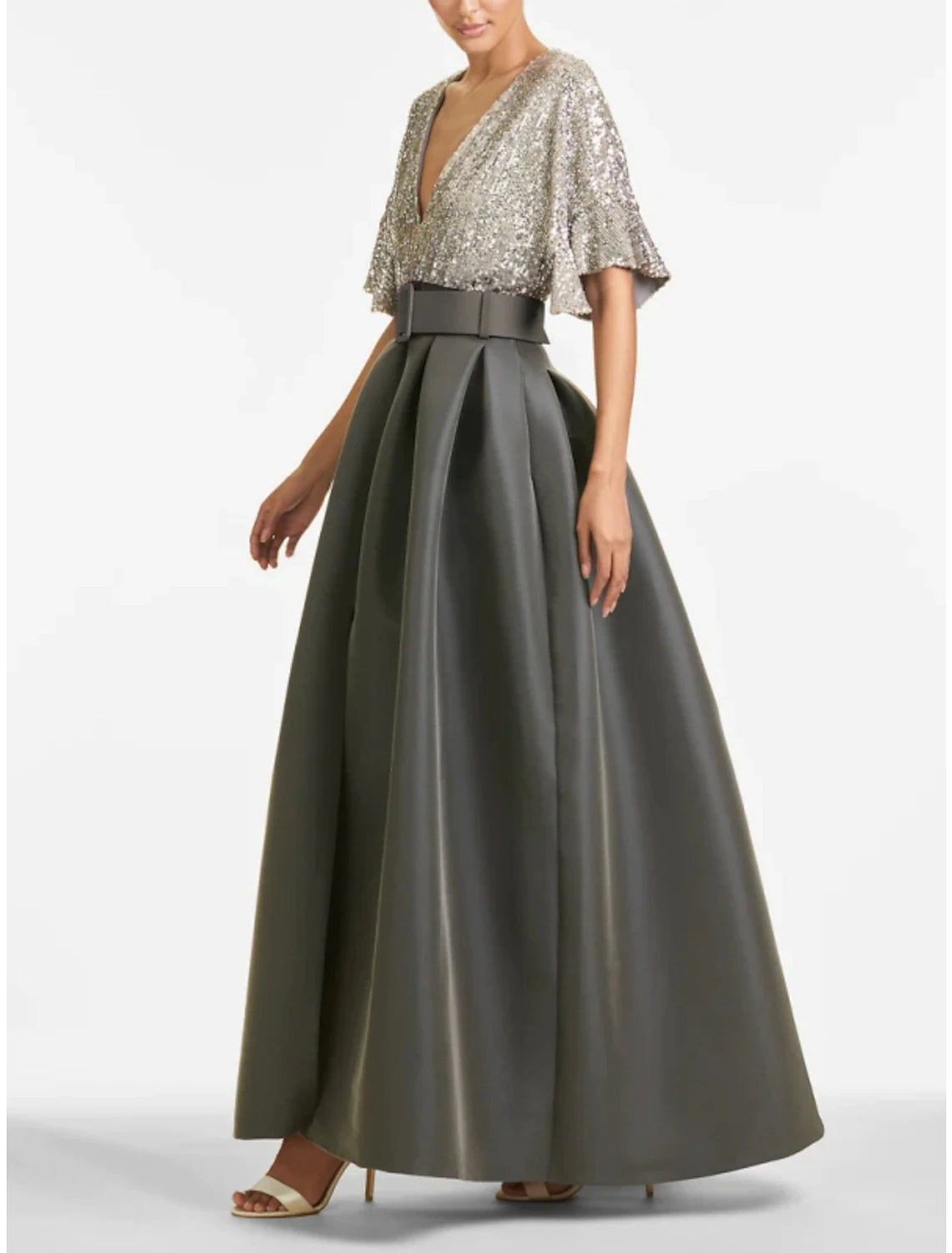 Abito da sera a trapezio, scintillante e brillante, per invitati a nozze formali, lunghezza alla caviglia, mezza manica, scollo a V, in raso con pieghe glitterate, 2025